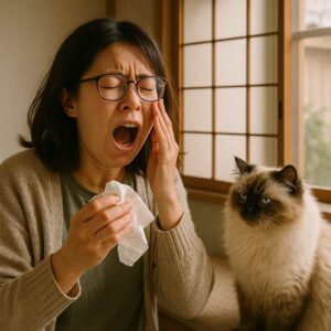 くしゃみをする女性の画像