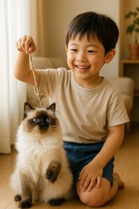 子どもと遊んでいる猫の画像