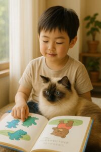 猫と一緒に絵本を見ている男の子の画像