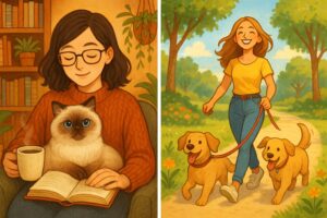 猫を抱いてコーヒーを飲む女性と元気に犬の散歩をする女性のイメージ画像