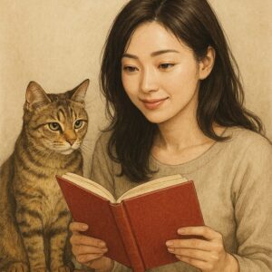 女性と一緒に本をのぞきこむ猫のイラスト