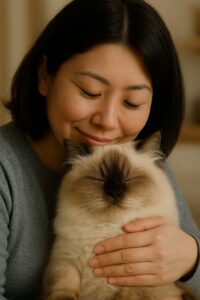 ヒマラヤンを抱っこしている女性の画像