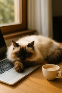 パソコンの上で寝ている猫の様子