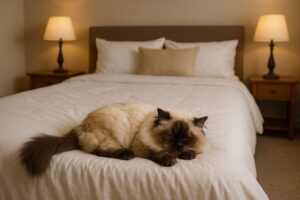 ベッドに寝ている猫の様子